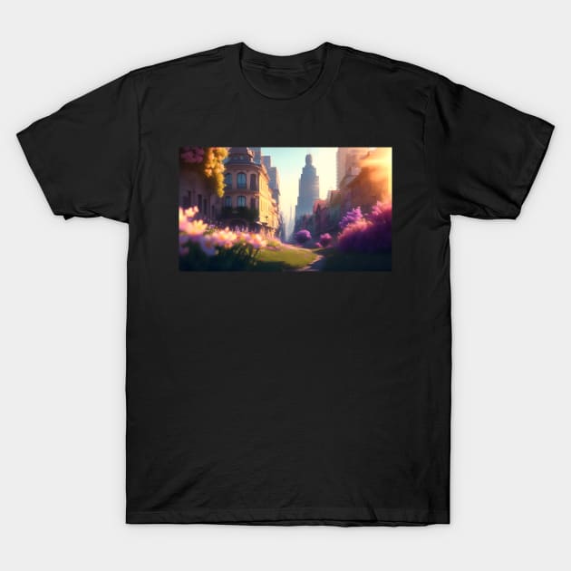 City street with beautiful flowers T-Shirt by WODEXZ